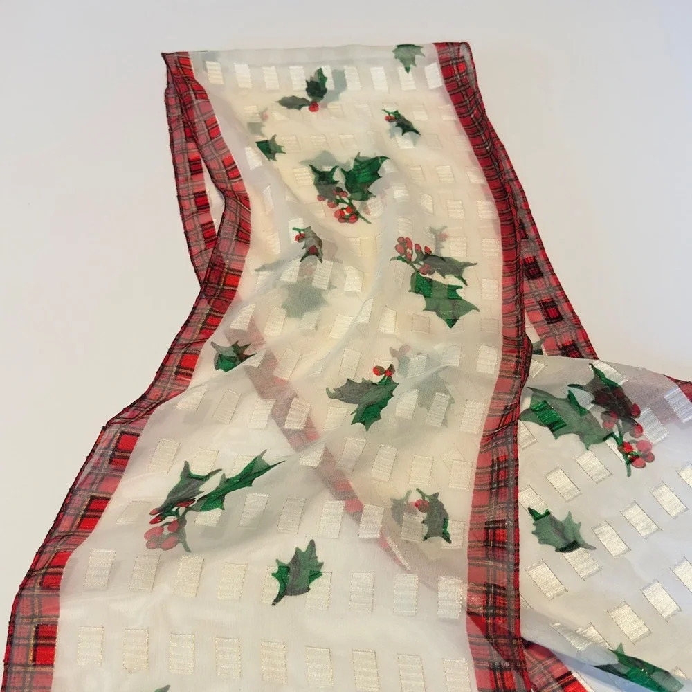 Poinsettia Holly Scarf White Red Plaid Festive Christmas Vintage OS Holiday 61x9